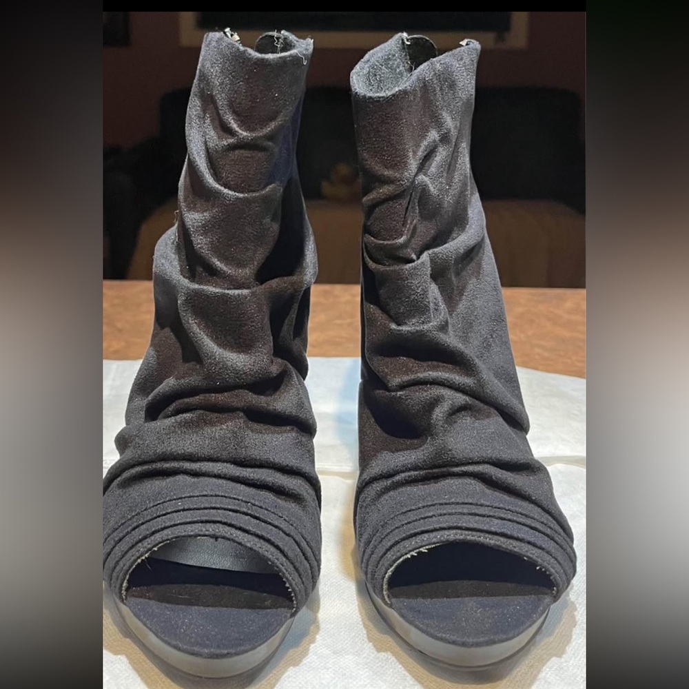 Ladies High Heel Faux Suede Boots with Open Toe, size 8 1/2